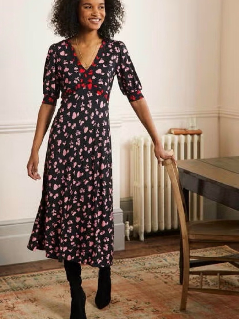 Boden Eva Jersey Midi Dress Black Woodland Bud Pink Red Size 8 NWOT